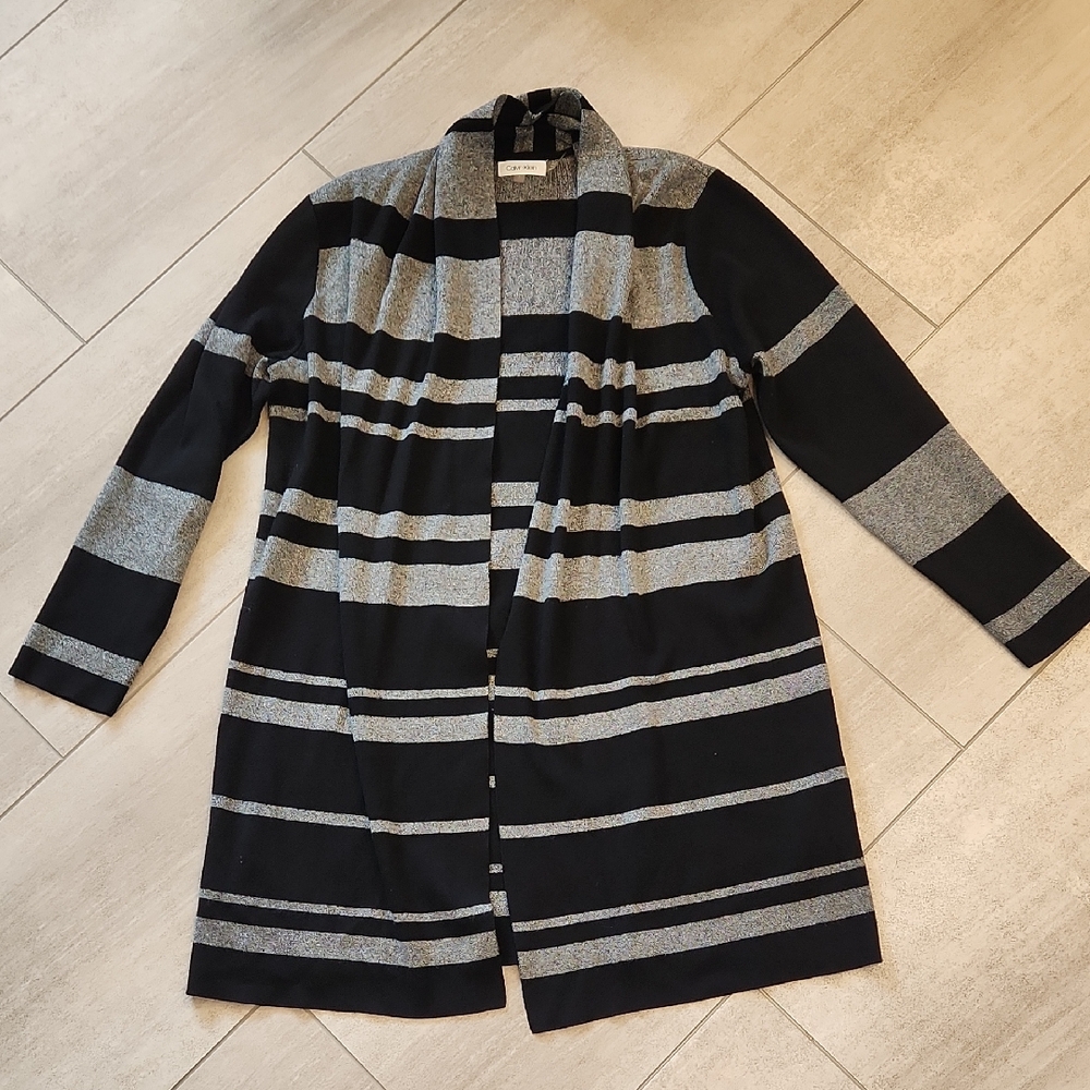 Calvin Klein Hip Length Black and Gray Striped Women's Open Front Sweater